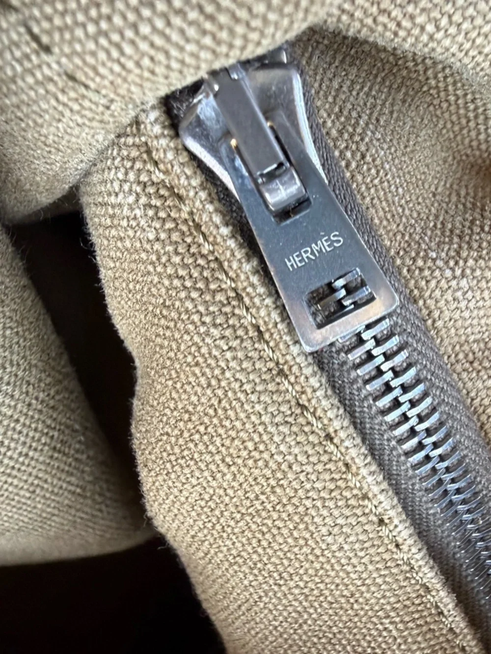 Hermes Olive Canvas tote with Navy Trim
